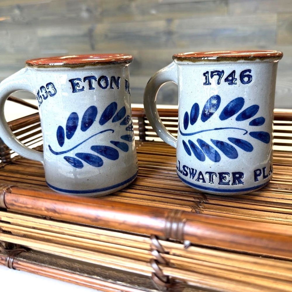Vintage Salt Glaze Stoneware Mugs Set: Eton 1533, Ullswater Place 1746, Blue